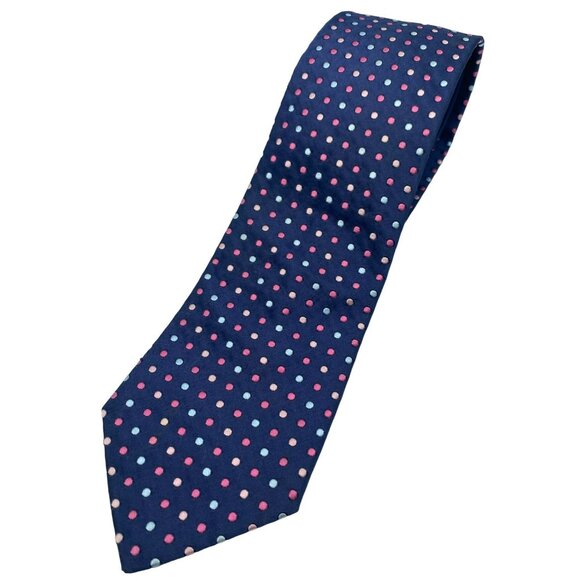 Tommy Hilfiger Navy Blue Polka Dot Silk Tie Classic Preppy Vintage Designer - Picture 1 of 6